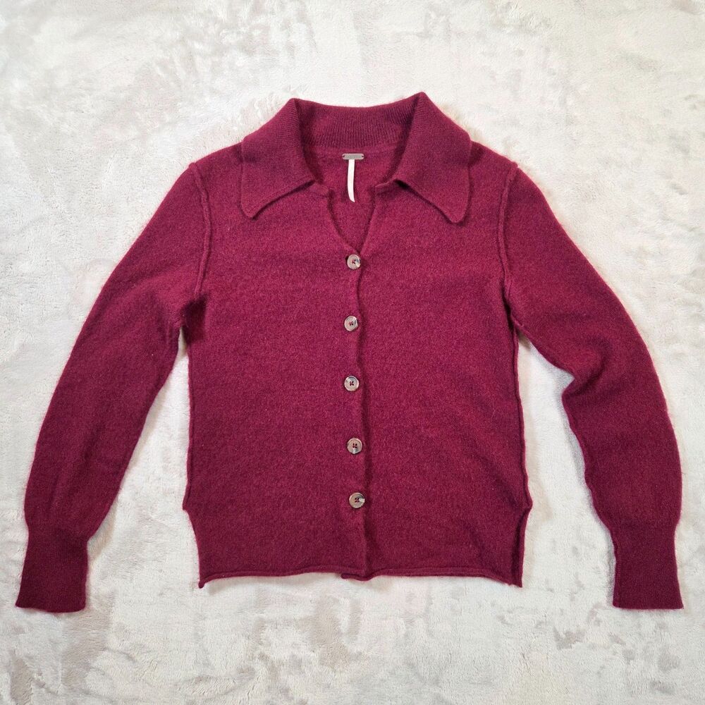 Free People 100% Cashmere Cardigan Womens S Burgundy Collared Button Sweater